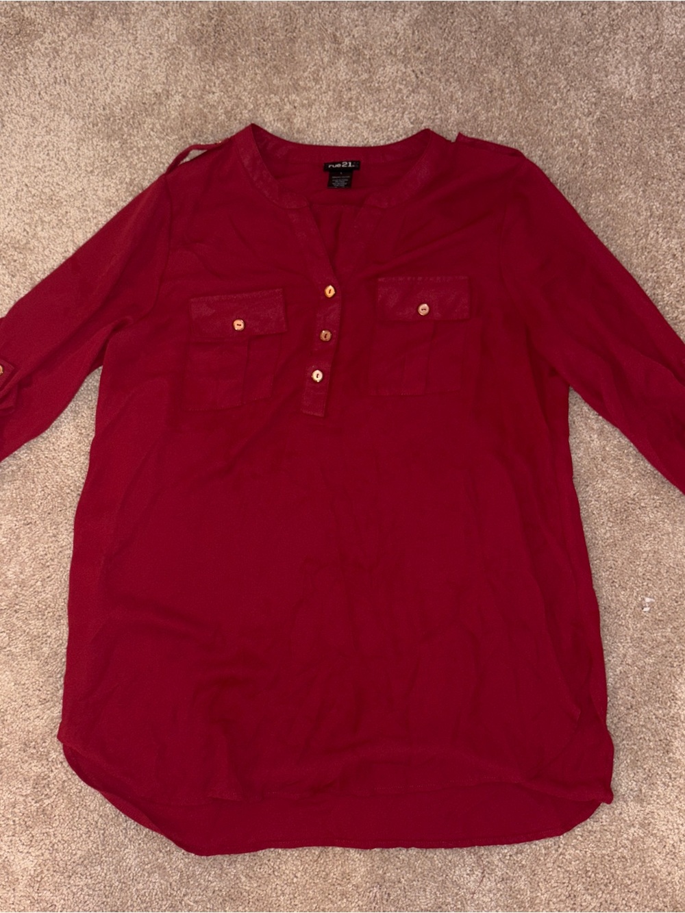 Rue21 Women's Burgundy Henley Blouse with Chest Pockets Size: L